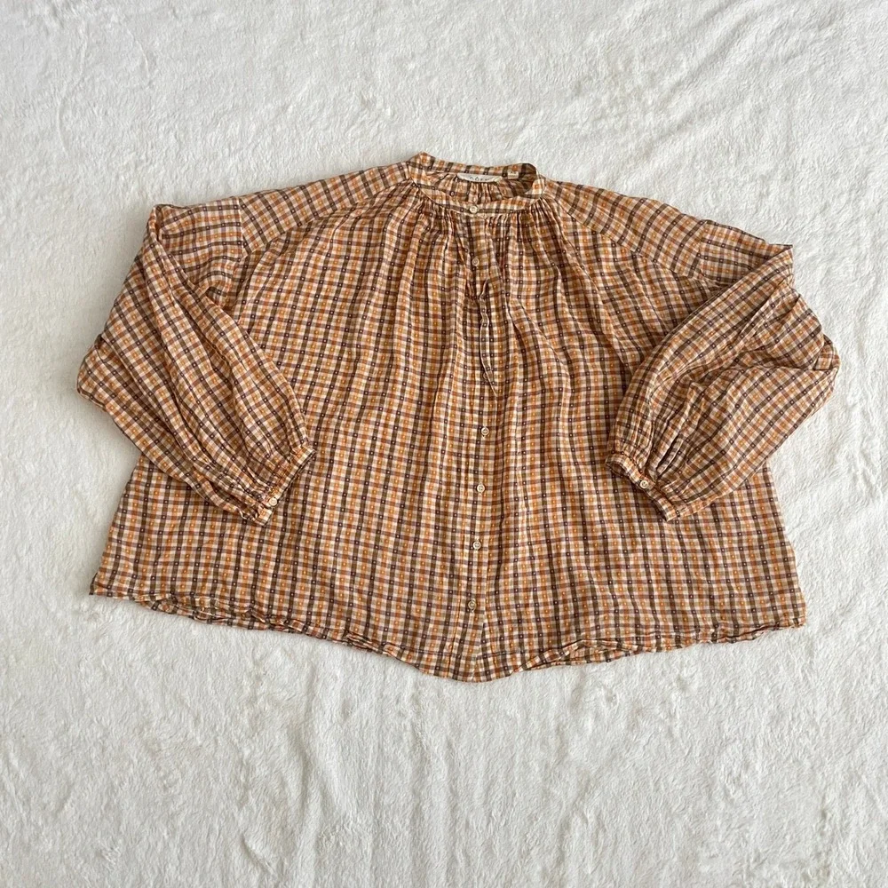 Doen The Jane Blouse Orange Meringue Plaid Clip Dot Cotton Button Top Size XS